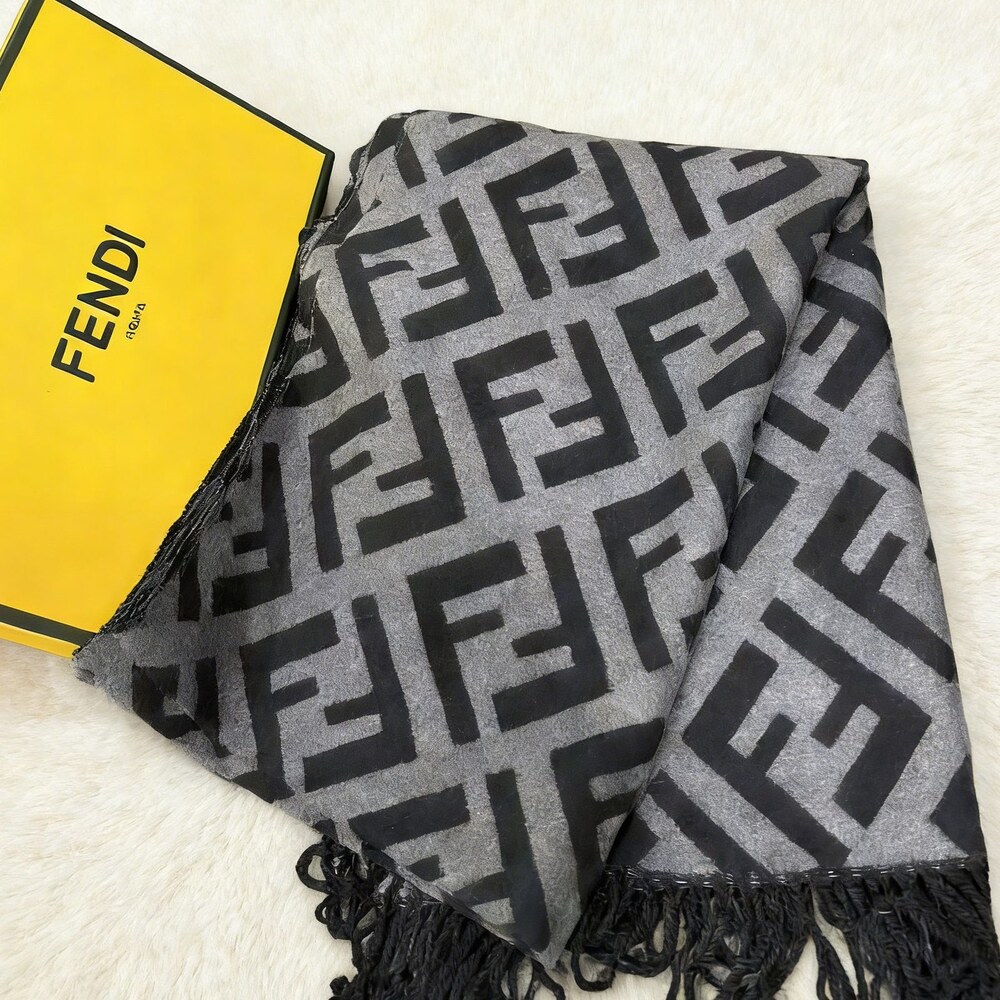 Fendi Gray Black Giant FF Fringe Scarf